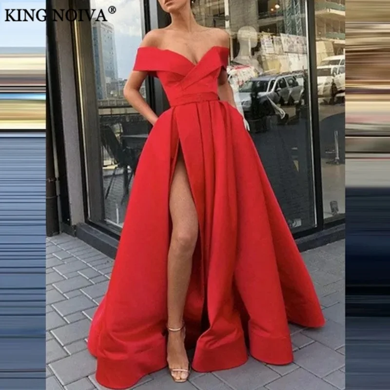 

KING Beautiful Sexy V-Neck Satin A-Line Evening Dresses 2024 Side Slit Backless Floor Length Simple Prom Dress vestidos de noche