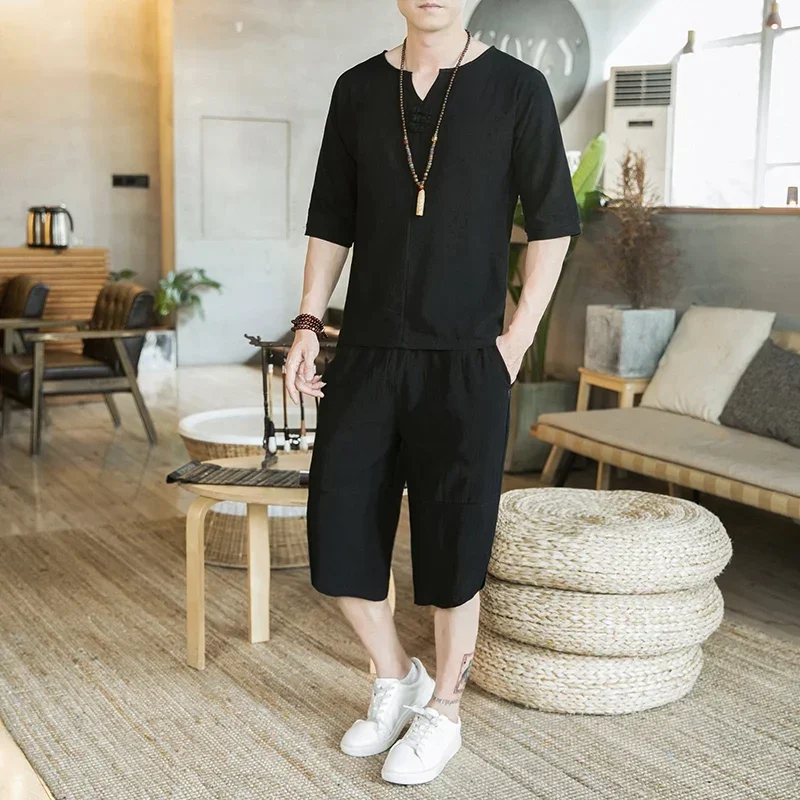 Summer Japanese Style Clothing Set Samurai Man T-shirt Trousers Breathable Chinese Suit Kimono Top Cropped Pants Outfit Harajuku