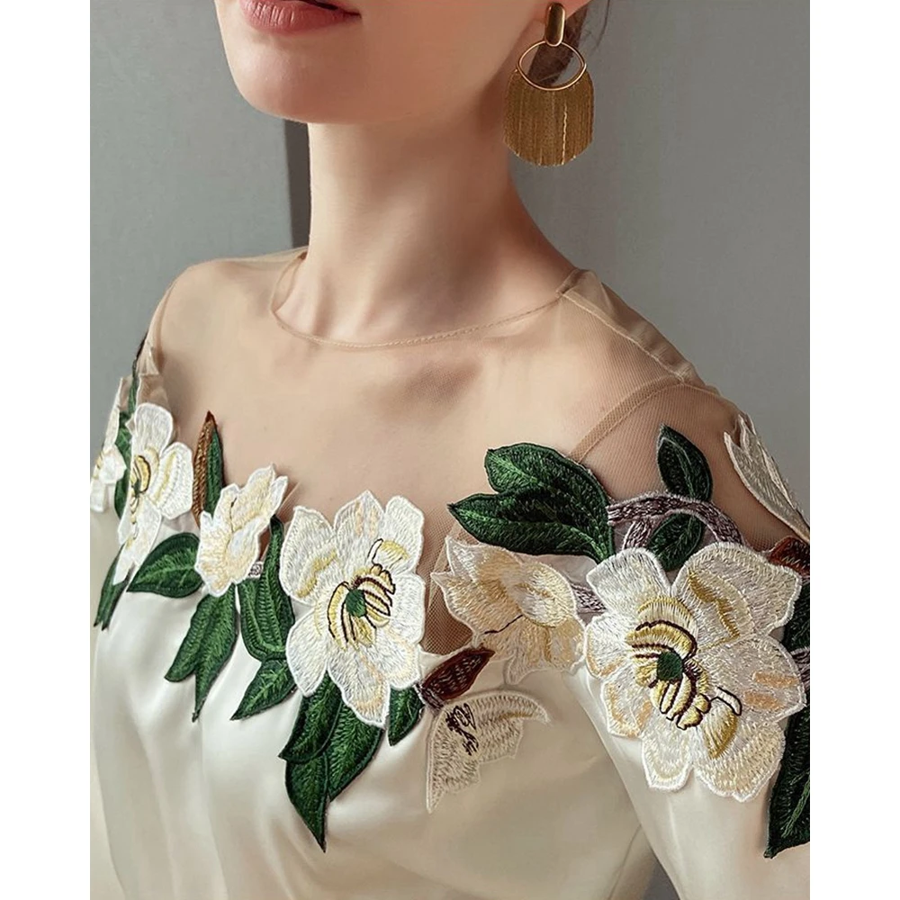 Women Embroidery Floral Sheer Mesh Stitch Lantern Sleeve Blouse Summer Fashion Casual Satin Top Sexy Elegant Blouse Workwear
