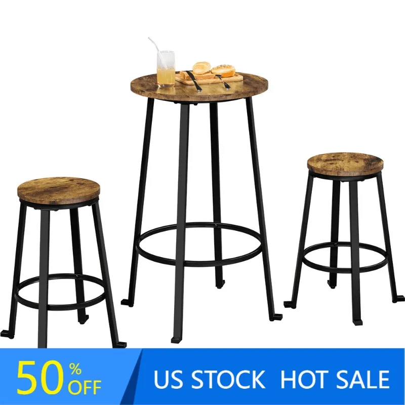 

3-Piece Wooden Bistro Bar Set with Metal Legs for Kitchen, Rustic Brown