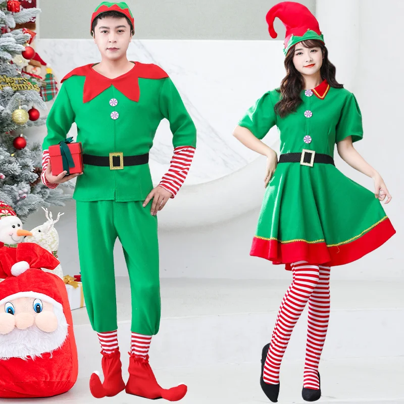 

Adult Christmas Santa Claus Costume Green Elf Cosplay Family Carnival Party New Year Fancy Dress Clothes Set For