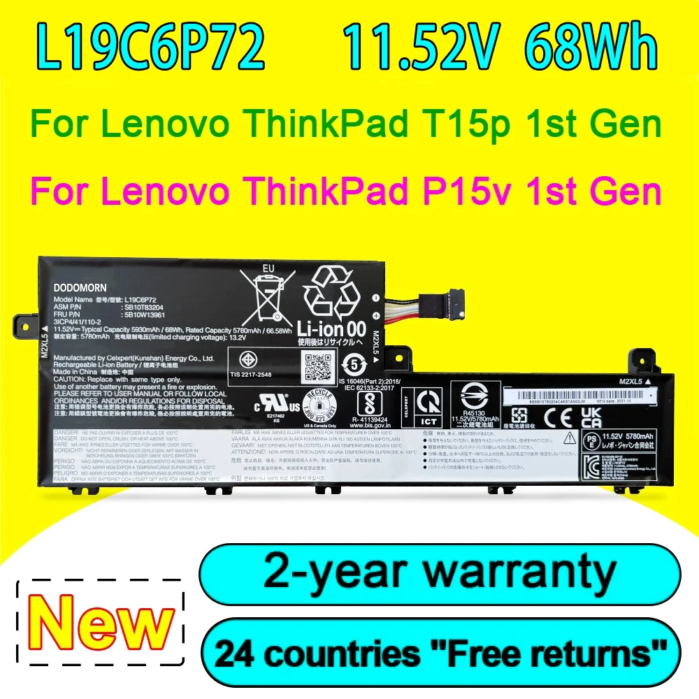 

NEW L19C6P72 Laptop Battery For Lenovo ThinkPad T15p 1st Gen 20TN 20TM Series P15v 1st Gen 20TQ 20TR Series 68Wh High Quality