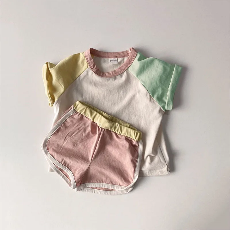 2pcs Baby Boys Girls Outfits Sets Summer Fashion Short Sleeve Kids T-shirts + Shorts Stitching Color Clothing Clothing Sets	 Clothing Sets