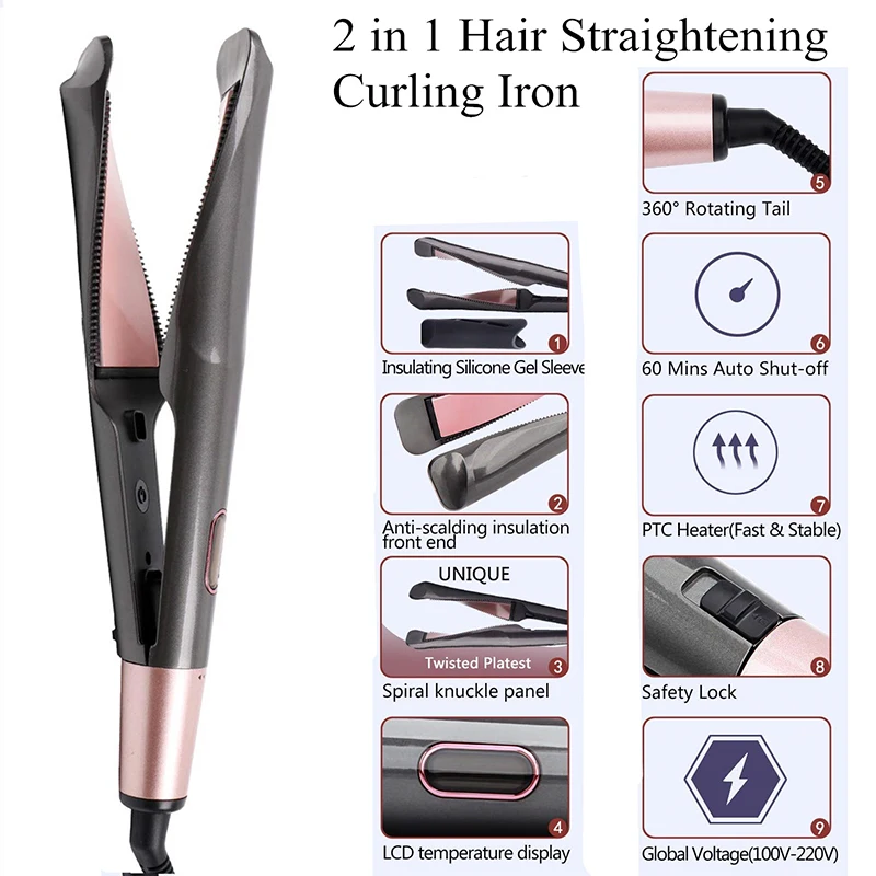 Alisador de Cabelo e Modelador de Cabelo Estilo de Cabelo 2 em 1 Torção Alisamento Curling Ferro Turmalina Cerâmica Plana Ferramentas 5 2 em 1 alisador de cabelo e