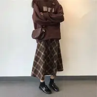 Autumn Winter Woolen Knee-Length A-Line Skirt Women's Versatile Slimming Midi Skirt Casual High Waist Plaid f-Length Skirt - Image 2