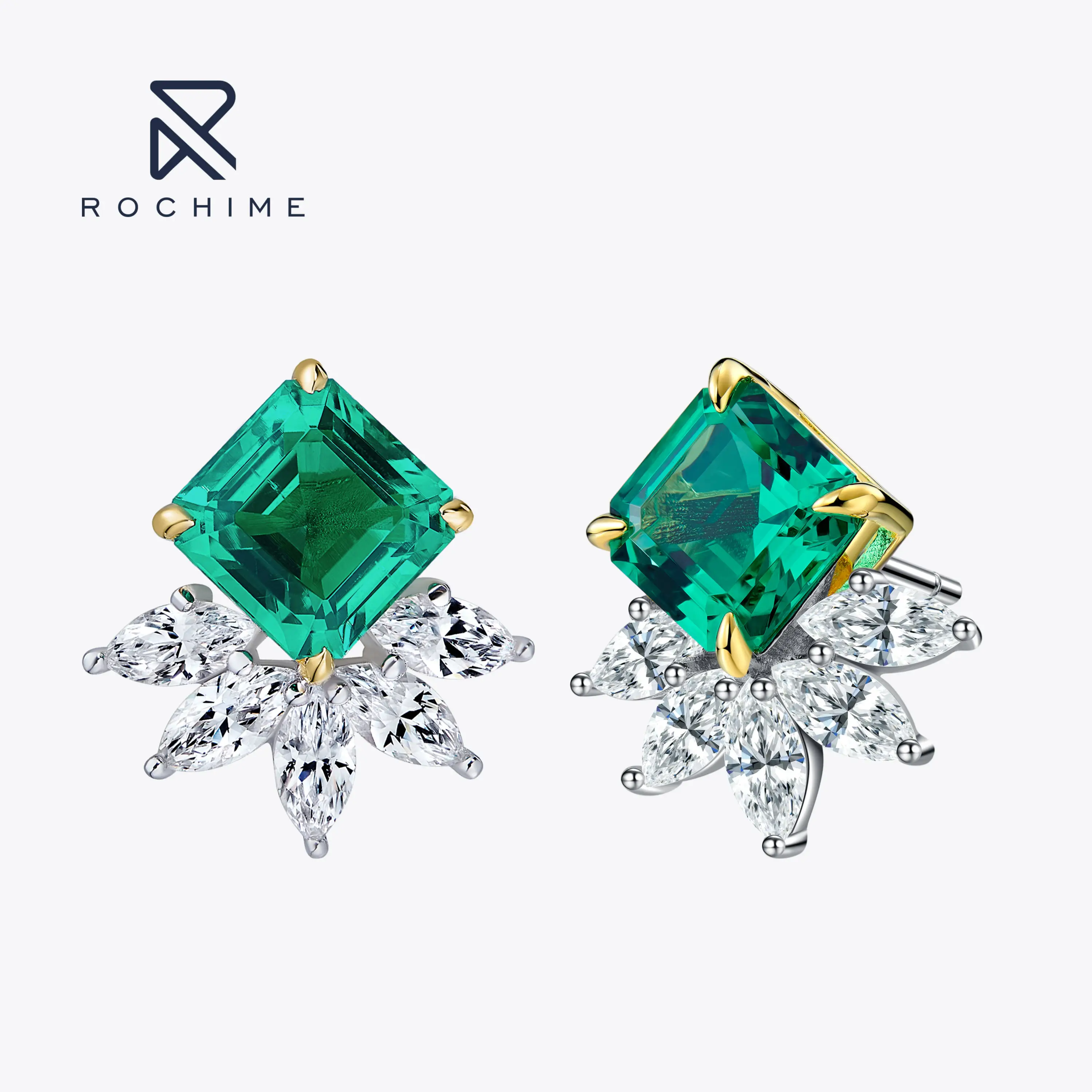 

Rochime Luxury Fashion Jewelry Marquise Cut Lab Grown Emerald Stud Earrings 925 Sterling Silver Gold Plated Women Fine Jewelry
