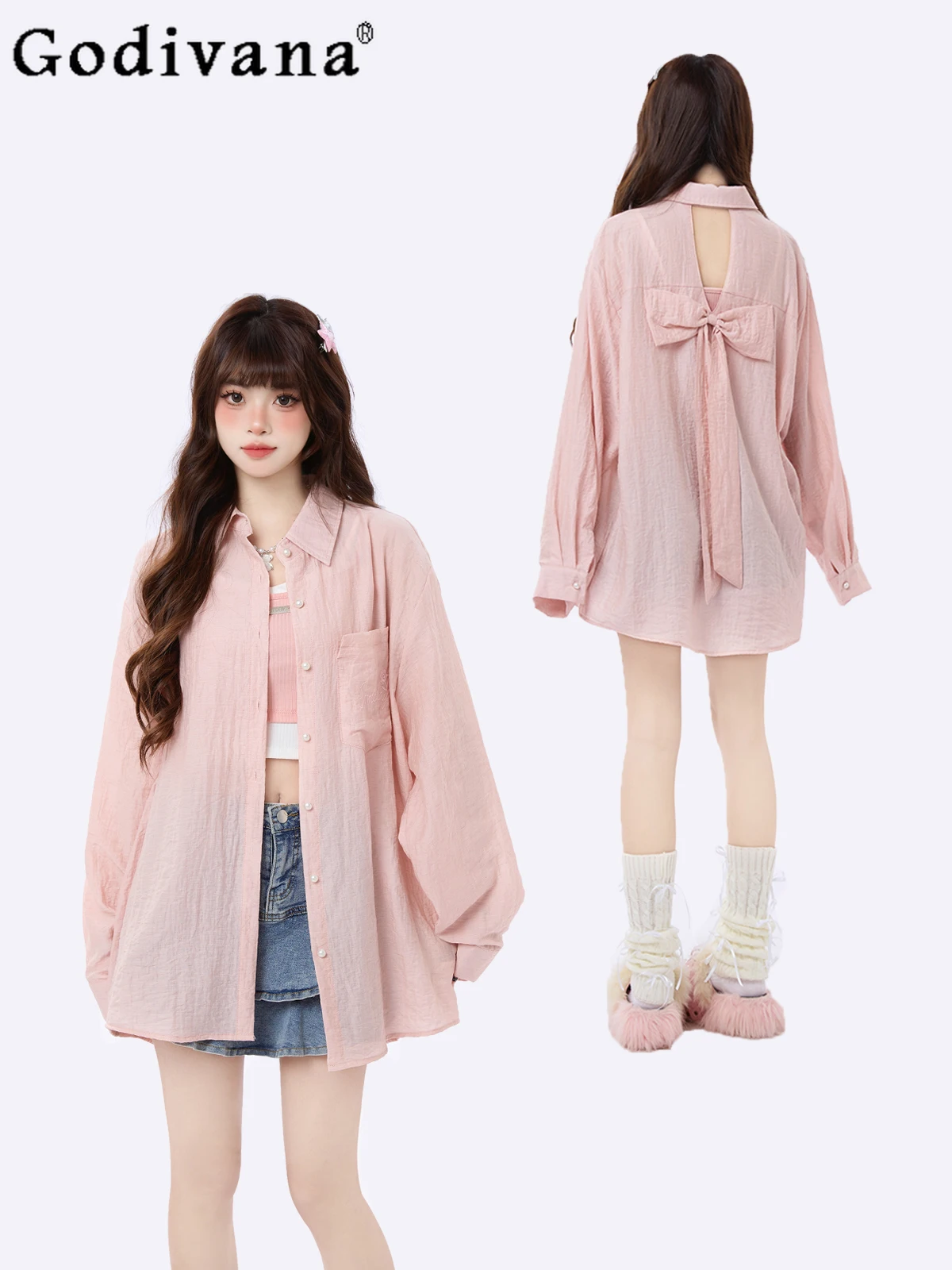 2024 Summer New Sweet Cute Bow Hollow Long Sleeve Shirt Fashion All-Match Elegant Casual Sun-Proof Pink Girl Blouse Women Tops