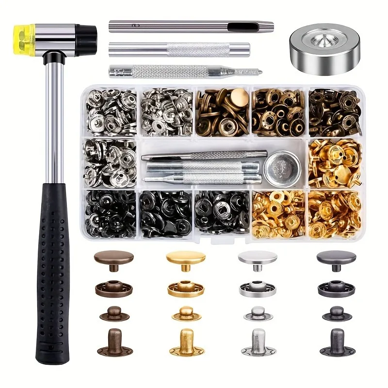 

120 sets Leather Snap Fasteners Kit with Rubber Hammer Installation Tools - Metal Buttons for Clothes Jackets Bracelets Bags