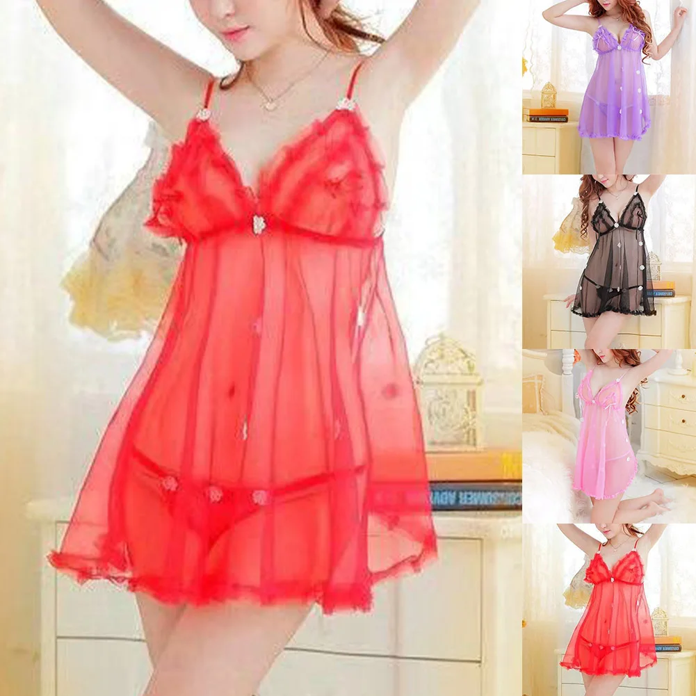 Lace Sleeveless B-abydoll V-neck Nightdress Pajamas Sexy Lingerie Ladies Silk Evening Dress Plus Size Underwear Thong Set