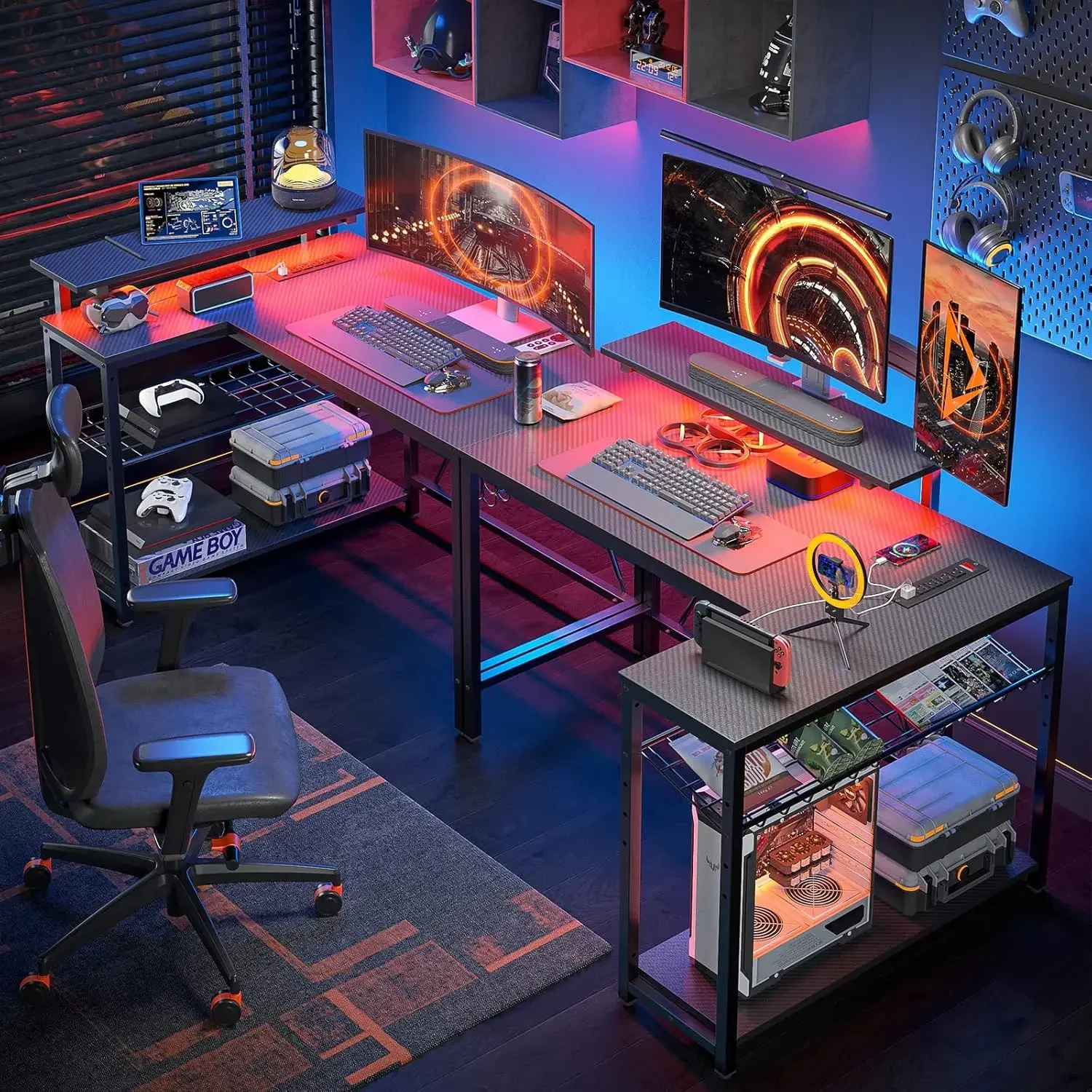 Small Gaming Desk with Power Outlets,42 L Shaped LED Computer Desk with Stand Reversible Shelves,Corner Gamer Desk 4