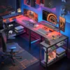 Small Gaming Desk with Power Outlets,42 L Shaped LED Computer Desk with Stand Reversible Shelves,Corner Gamer Desk 4
