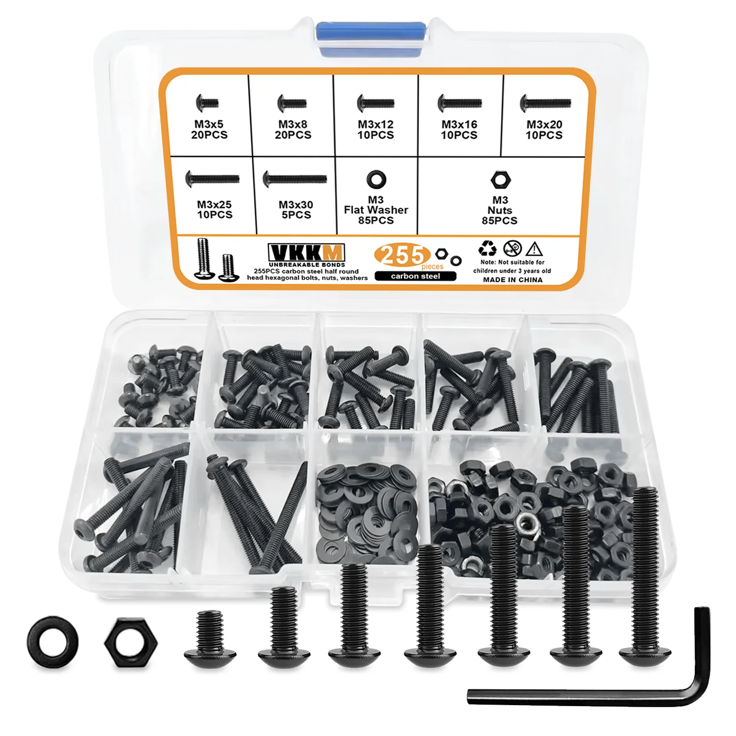 Screw Washer Nut Kit 255 Pieces M3 Hex Head M3x5/8/12/16/20/25/30mm Black Button Head Hex Socket