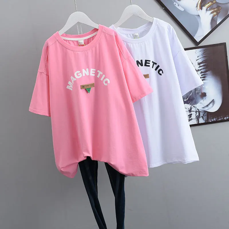 

2023 Summer New Simple Solid Casual Lazy Style Short Sleeved T-shirt Loose Thin Stretch Cotton Girlfriends Tops Free Shipping