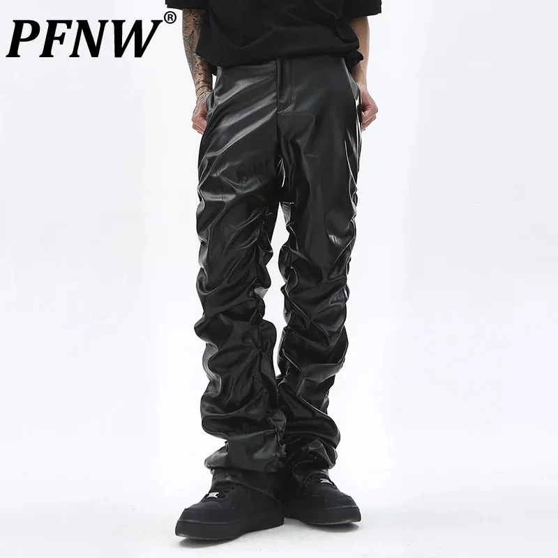 

PFNW Spring Autumn Men's Punk Style Pleated Leather Pants Hip Hop Baggy Techwear PU Solid Color Motorcycle Tide Trousers 12A8309