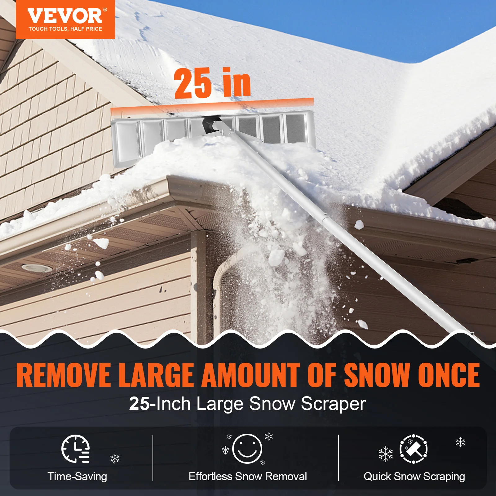 VEVOR Snow Roof Rake 25" Blade Snow Removal Tool 21ft Aluminium Roof Shovel W/anti-Slip Handle for House Roof Snow &Protection 2
