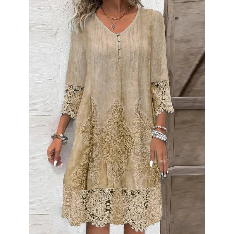 

Fashion Summer Dresses 2024 Summer New 3D Pattern Lace Splicing Hollowed Out Midi Dress Casual Short Sleeve Dresses Lady Vestido