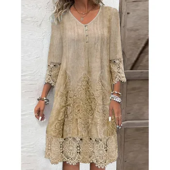 Fashion Summer Dresses 2024 Summer New 3D Pattern Lace Splicing Hollowed Out Midi Dress Casual Short Sleeve Dresses Lady Vestido 1