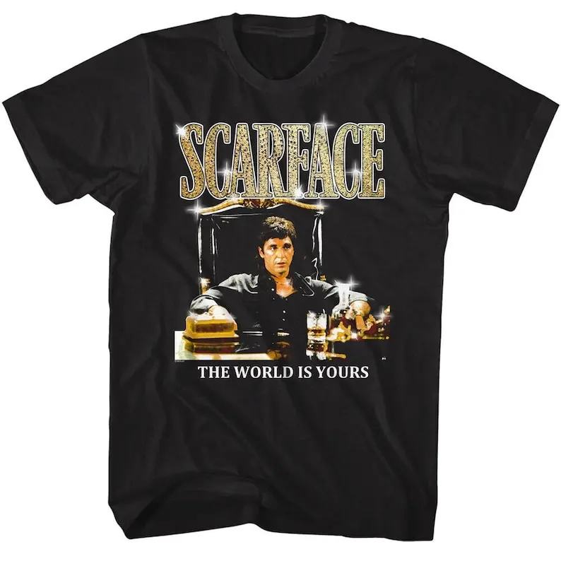 

Scarface T Shirt Tony Montana Desk Gold Bling The World is Yours Tees