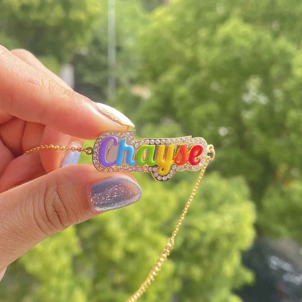 

3UMeter Custom Colorful Enamel Name Bracelet Women Stainless Steel PVD Double Rhinestone Name Bracelet Rhinestone Jewelry Girl