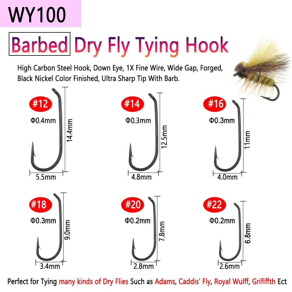 Bimoo 100 Stück 1 # ~22 # Fliegenbindehaken mit Widerhaken und Widerhaken aus Kohlenstoffstahl, trocken, nass, Nymphen, Puppen, Caddis, Streamer, Fliegen, Angelhaken – Detail 20