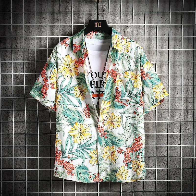 

Hawaiian Shirt Men Floral Print Shirt Beach Vintage Shirt Men Short Sleeve Summer Korean Blouse Loose Youth Male Hemden Herren