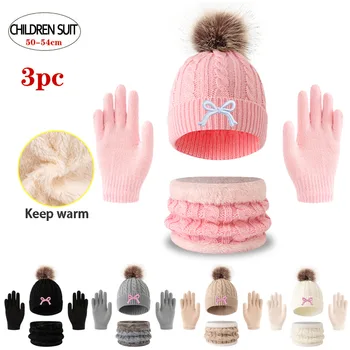 3pc knitted hats, scarves and gloves for children, suitable for children aged 3-12 to keep warm outdoors in winter. 1