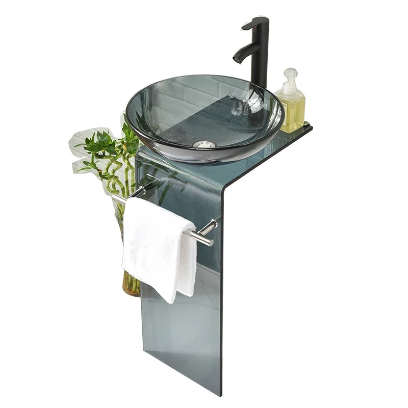 

LP Glass Wash Inter-Platform Basin Household Bathroom Washbasin Cabinet Combination Balcony Floor Sink