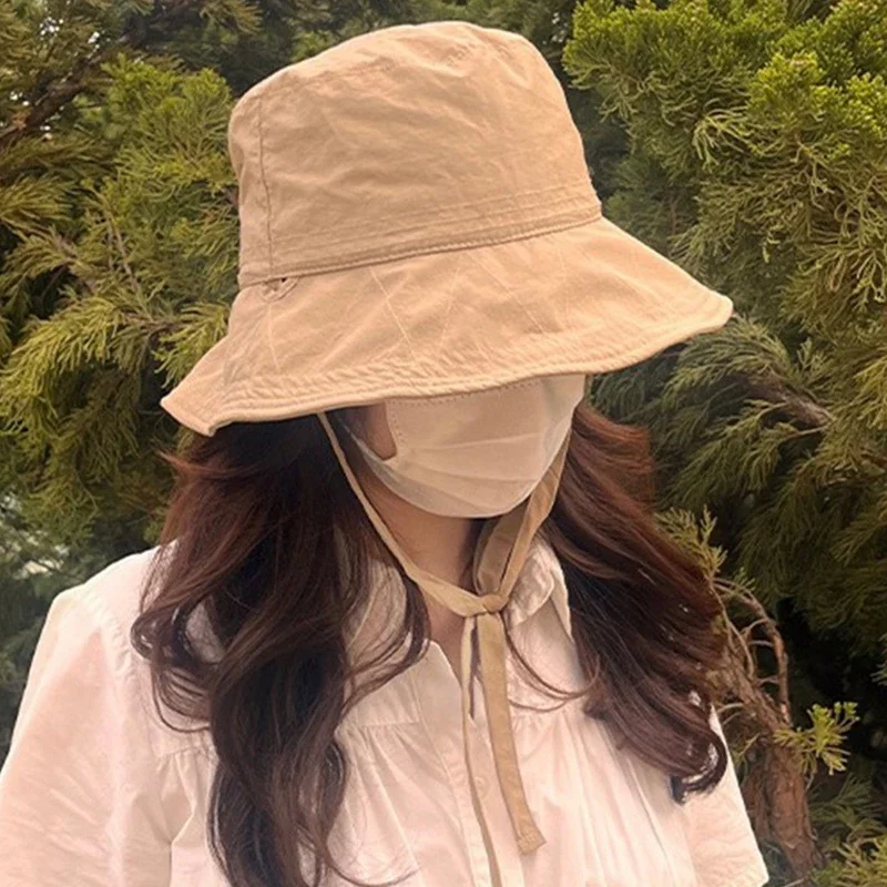 여성용 레이스업 어부 모자, 한국 인스 블로거, 경량 바람막이 로프, 자외선 차단 햇빛가리개 대야 모자, 태양 버킷 모자