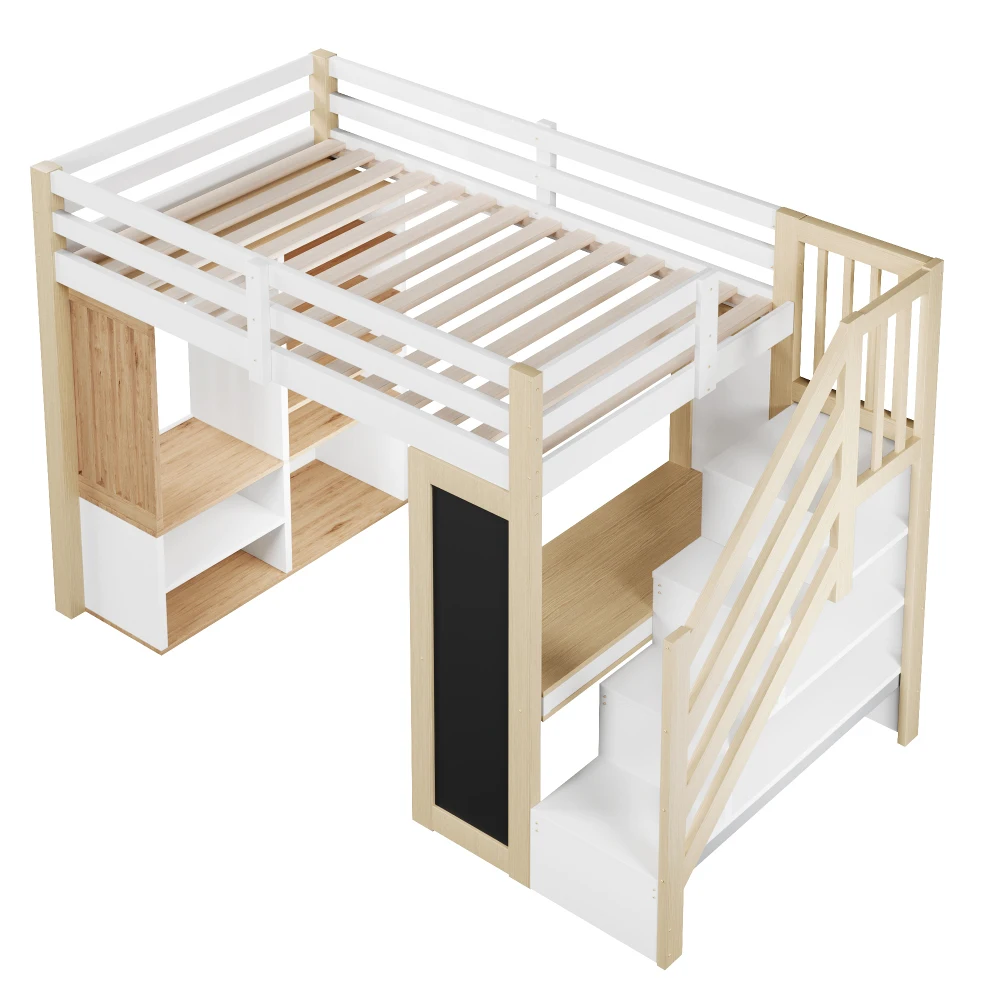 90*200cm Kinderbett mit Schreibtisch, Regalen und Kleiderschrank, Leiter, integrierte LED-Beleuchtung – Multifunktionsbett ohne Matratze – Detail 8