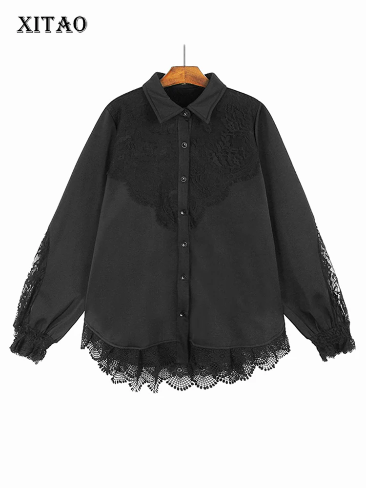 

XITAO Lace Patchwork Long Sleeve Shirt Turn Down Collar Single Breasted Temperament Women Fashion 2024 New Casual Top DMJ3974