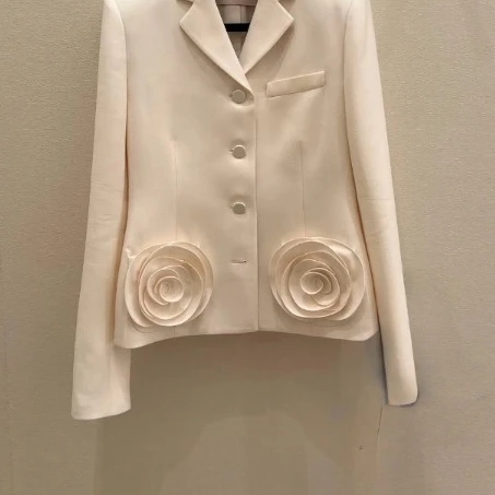 2024 New Spring High Quality Silk Wool Ivory Red Flower Appliques Woman Blazers