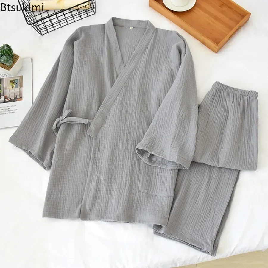 Pajama Sets Japanese Kimono Men's Solid Pajamas Two-pieces Simple Cotton Crepe Cloth Plus Size Lace-up Tops Trousers Home Service Sets