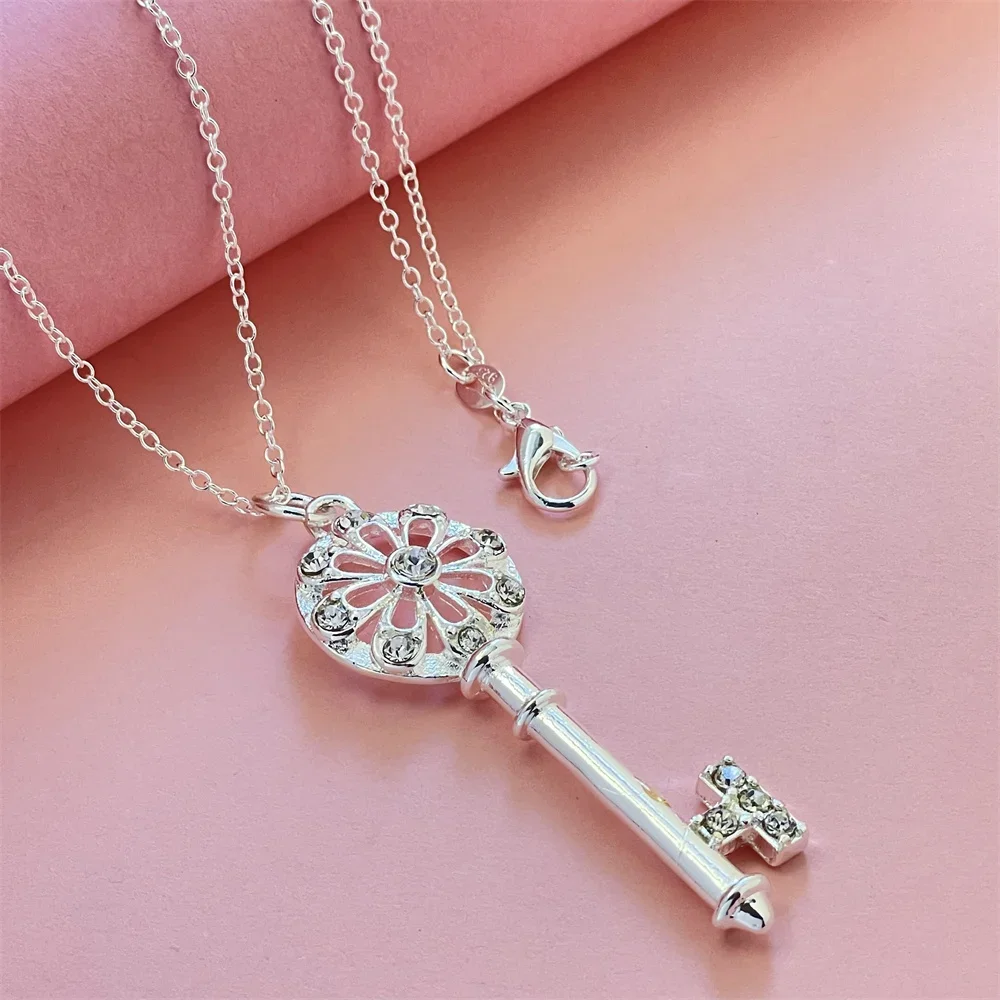 925 Silver Necklace With Round Key Inlaid Zircon Pendant, Suitable For Men And Women To Wear Daily