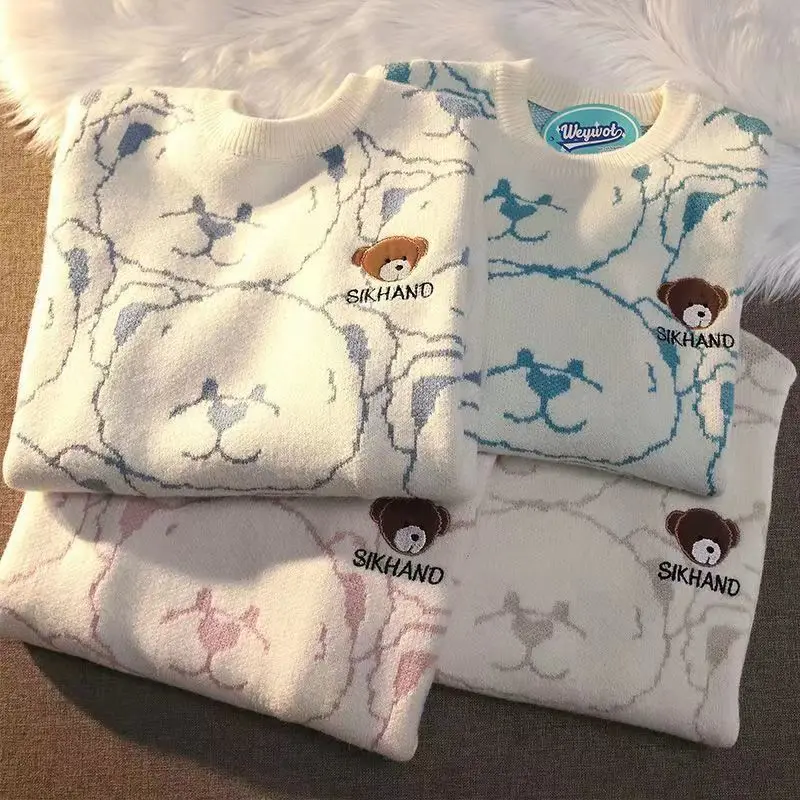 

Kawaii Anime Bear Embroidery Sweater Female Autumn Winter Casual Loose Couple Knit Clothes Women Yk2 Hip Hop Streetwear Tops Y2k