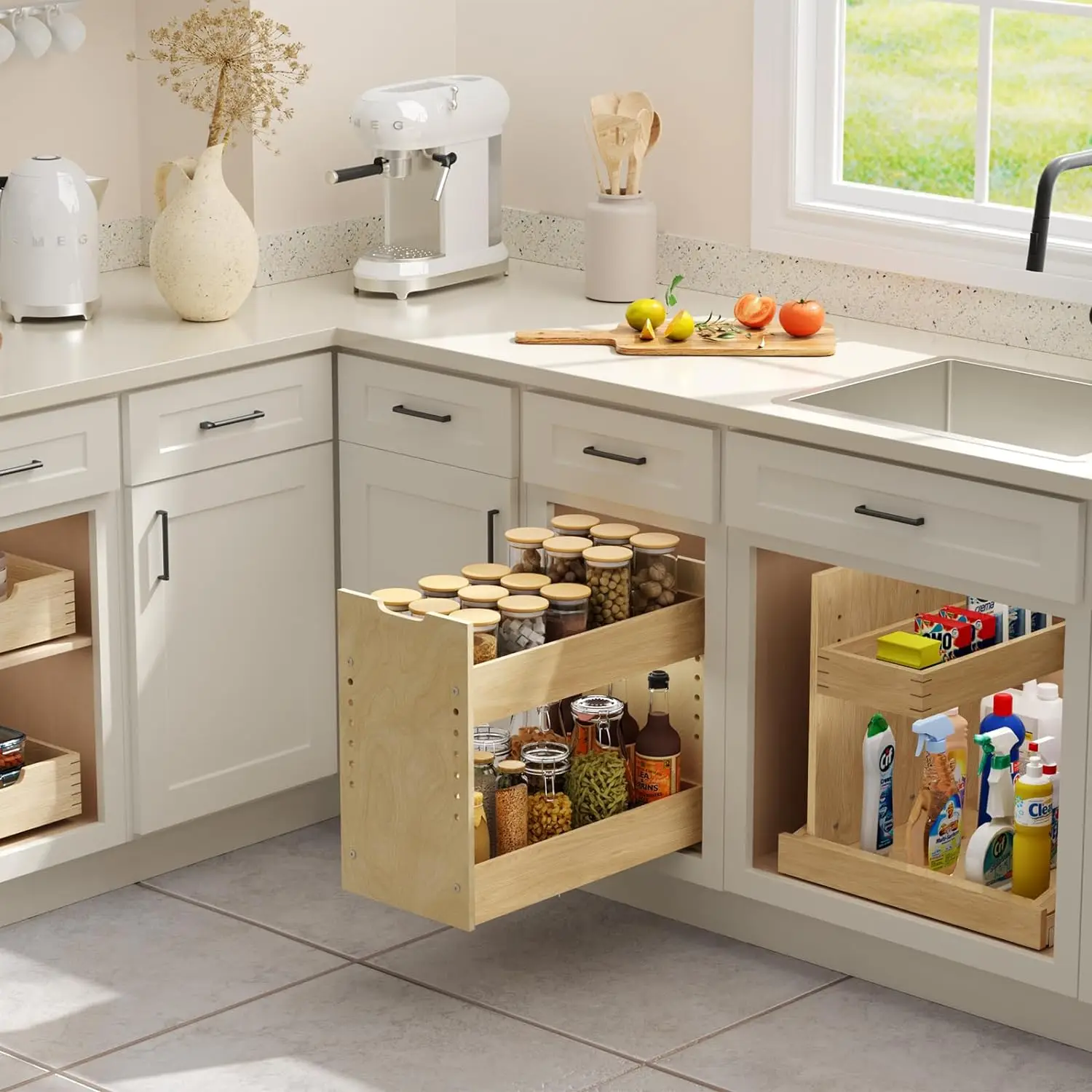 Sliding vintage cabinet shelves