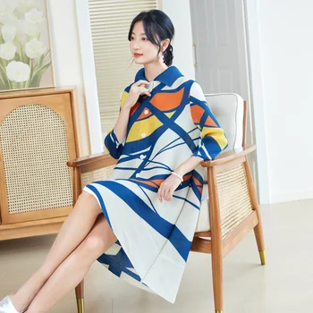 miyake style pleated dress for women 2025 new fashion printed lapel single-breasted long-sleeved cardigan pleated skirt 1