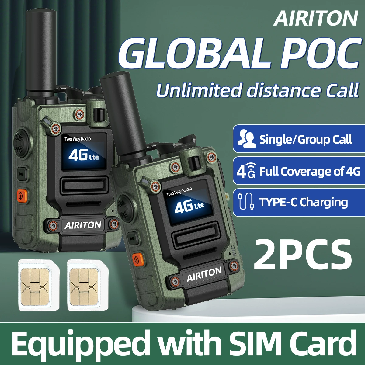 2X AI-G7 Global Network POC Radio Walkie Talkie 4G WiFi Unlimited Range Type-C With Sim Card Handheld Two Way Radio for Outdoor