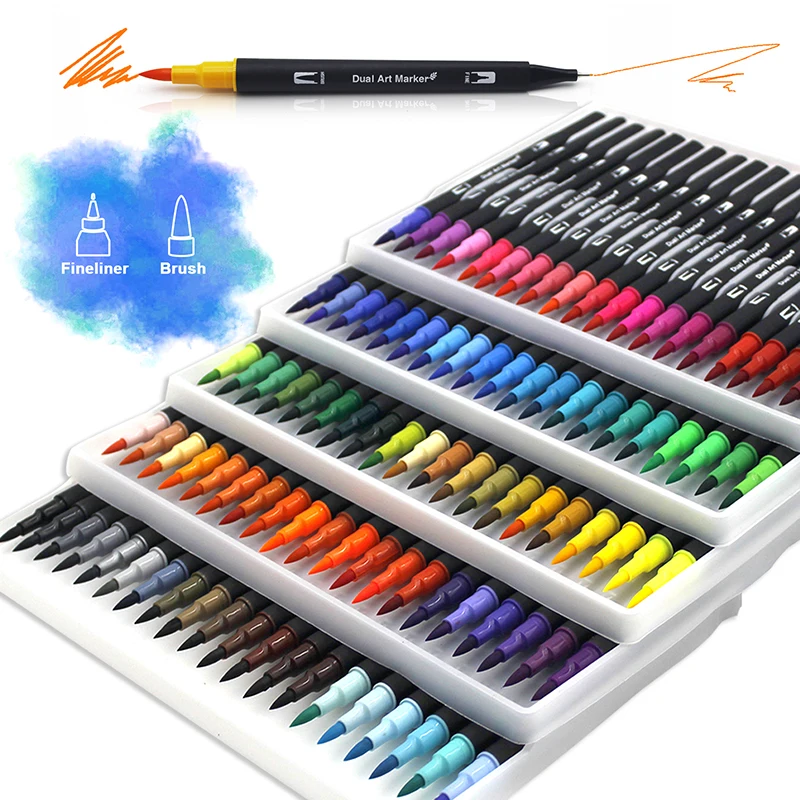 Watercolor Art Markers Brush Pen 12/48/60/72/100/120 Color Dual Tip Fine  Line Drawing for School Stationery Painting Set Supplie