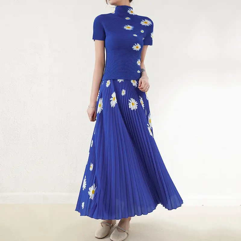 

Модный комплект с юбкой Sanzhai с принтом, футболка с коротким рукавом, темпераментный плиссированный топ в гонконгском стиле, полуюбка, комплект из двух предметов