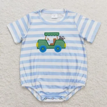 Wholesale Newborn Blue Stripes Coverall Bodysuit Baby Boy Toddler Embroidery Romper Short Sleeves Kids Ball Bubble Jumpsuit 1