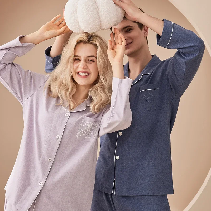 2022 Cotton Pajama Set Men and Women's Pajamas Ladies Lovers Lapel Solid Color Cardigan Homewear Cotton New Product Nightwear