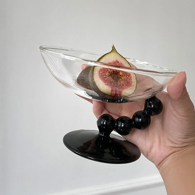 1 Piece 290ml 10oz European Style Large Glass Cake Plate Black Ball Stemmed Fruit Dessert Bowl Cocktail Glass Table Decor