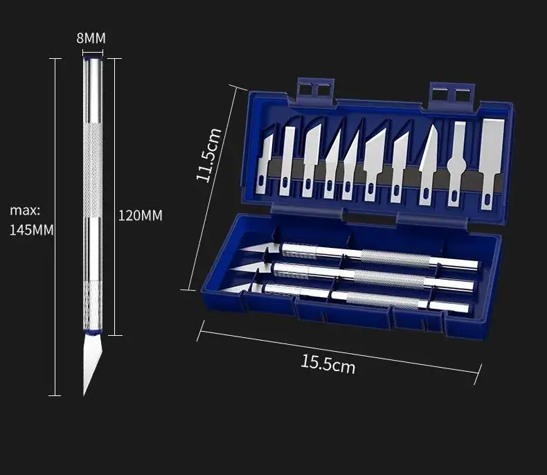 13-teiliges Metall-Skalpellmesser-Set in blauer Box, inklusive 3 Schnitzgriffen und 10 Messerklingen, DIY-Werkzeug zur Reparatur von Mobiltelefonen. – Detail 14