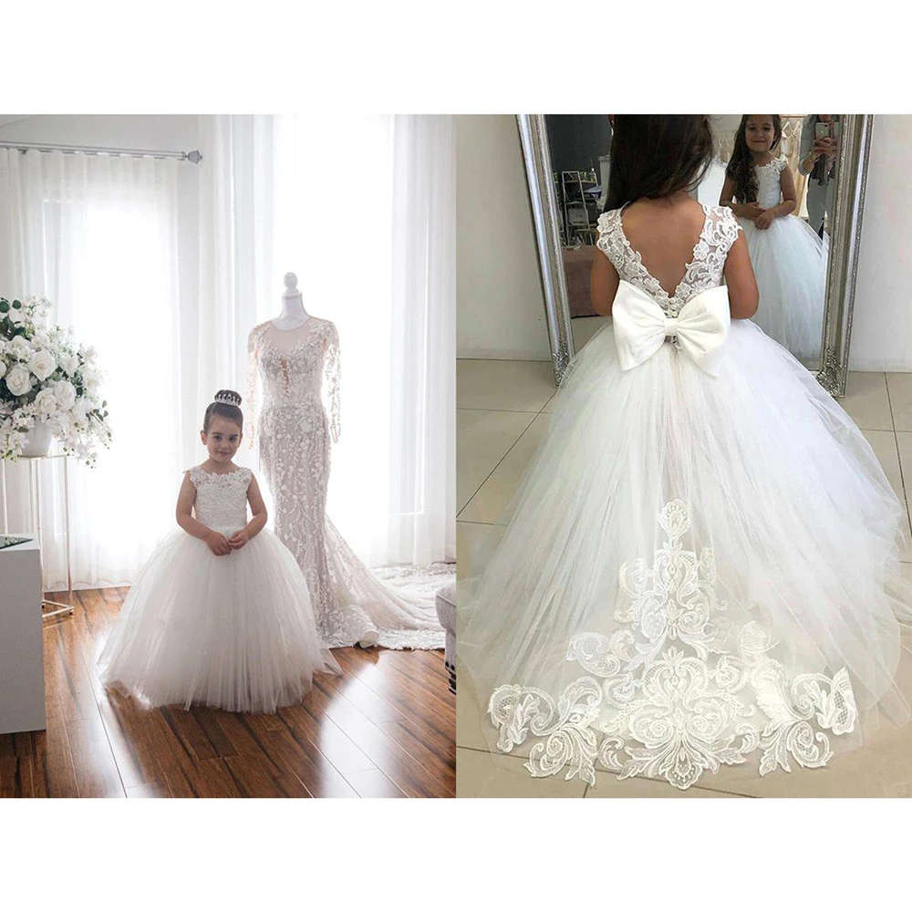 White Lace Child Flower Girl Dress Tulle Appliques Princess Floor Length for Wedding Party Baptism First Communion Gown