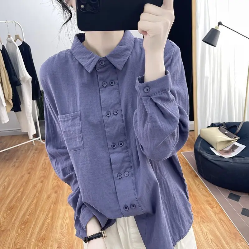 Spring Autumn New Solid Color Fashion Long Sleeve Shirt Women High Street Casual Loose Button Cardigan Cotton Hemp Chic Tops