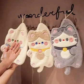 Cute Cat Hand Towel Quick Drying Kitchen Cleaning Rag Coral Velvet Cartoon Animal Absorbent Bathroom Hanging Towel Home Supplies 1