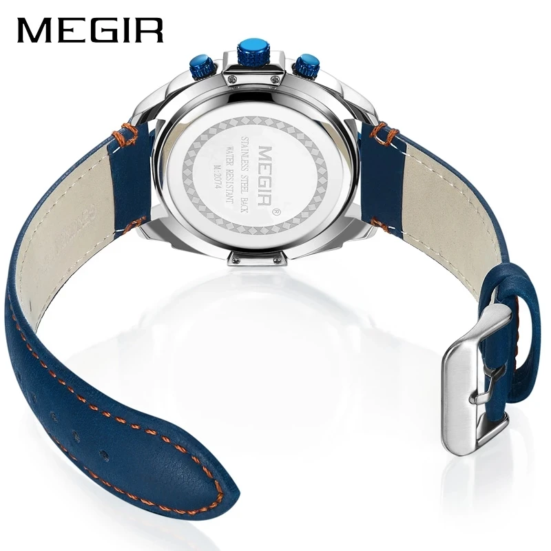 MEGIR New Fashion Blue Quartz Watch for Men Leather Waterproof Calendar Chronograph Mens Watches Top Brand Luxury Wrsitwatches