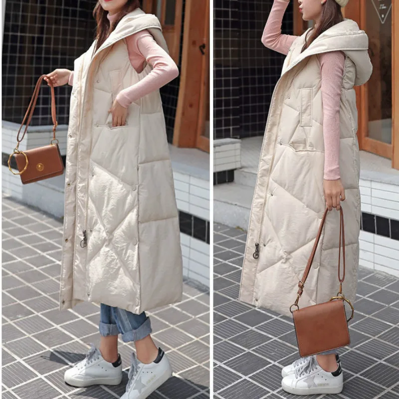 2023 New Female Hooded Sleeveless Outwear Long Waistcoat Women Autumn Winter Korean Loose Warm Thick Cotton Padded Vest Overcoat