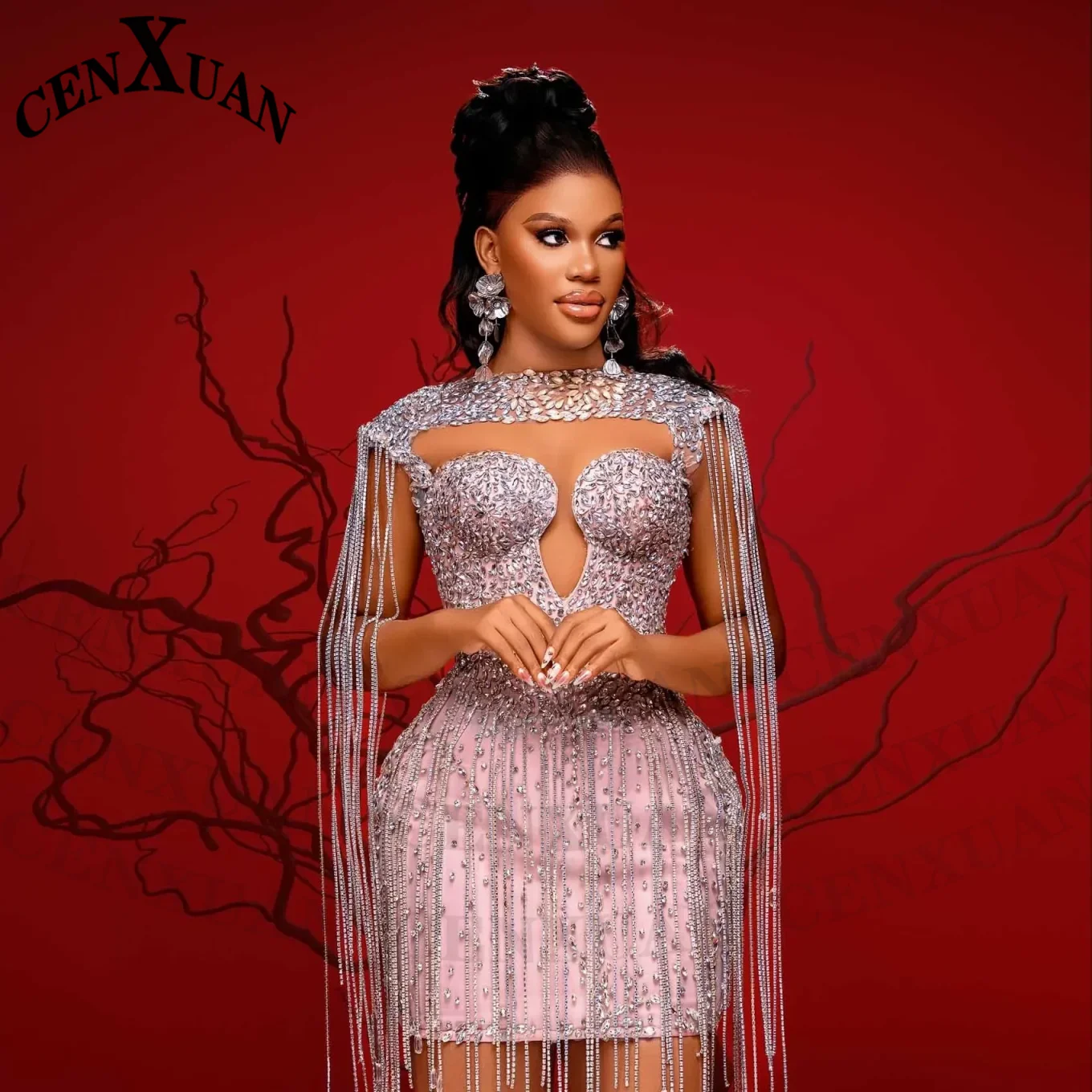 CENXUAN Luxurious Tassel Cocktail Dresses Rhinestones Cut-out Mini Evening Gowns Vestido De Noche Birthday Dresses Customized