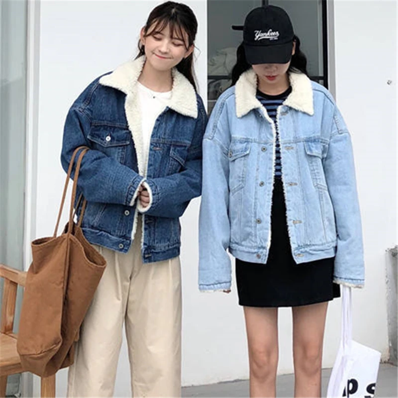 

Warm Denim Jacket Women's Autumn Winter 2023 New Korean Lamb wool Plush Thicken Loose Jeans Jackets Casual Female Basic Coat